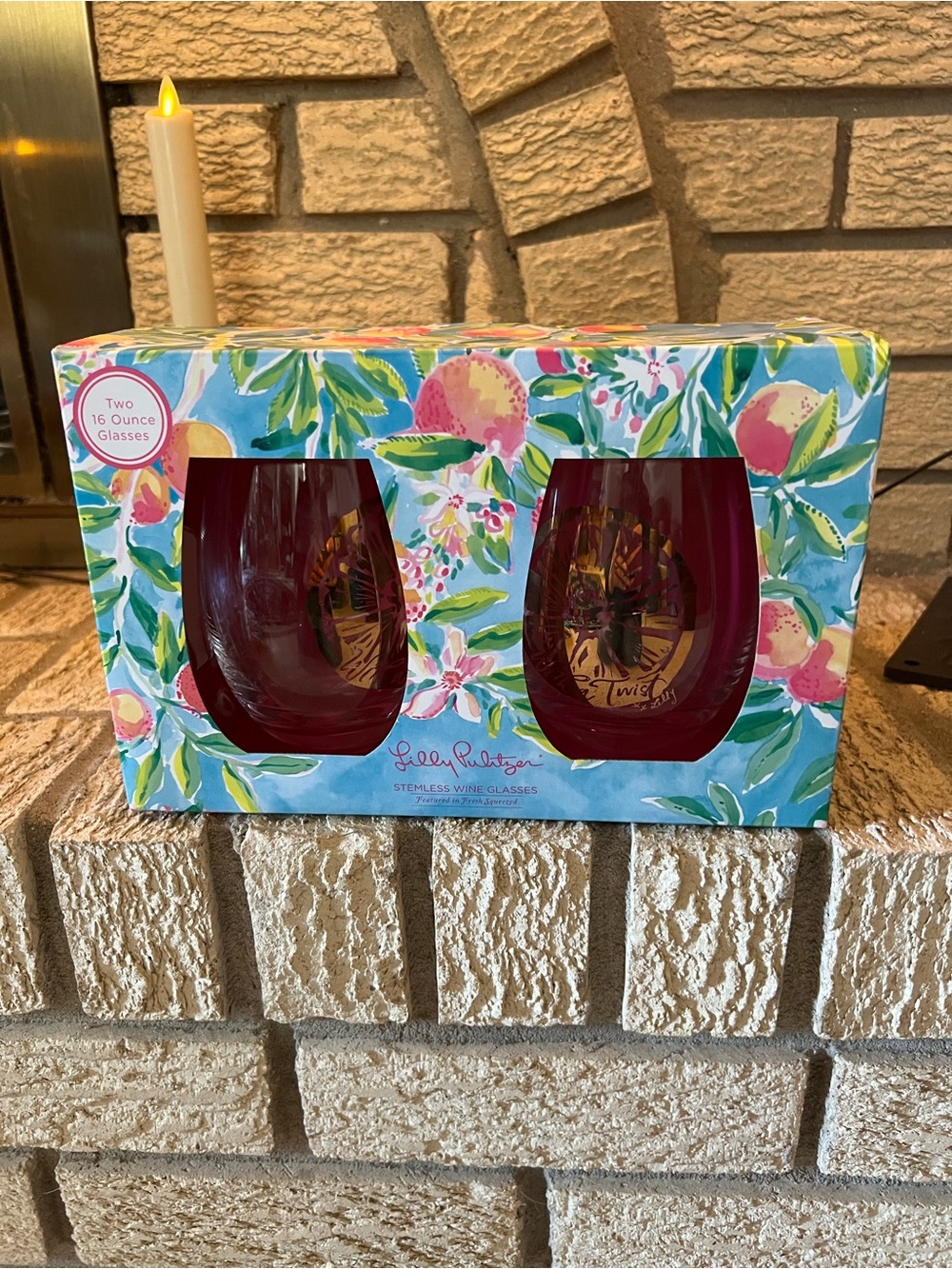 Lilly Pulitzer Stemless Wine Glasses in Fresh Squeezed with Gold Foil - Set of 2